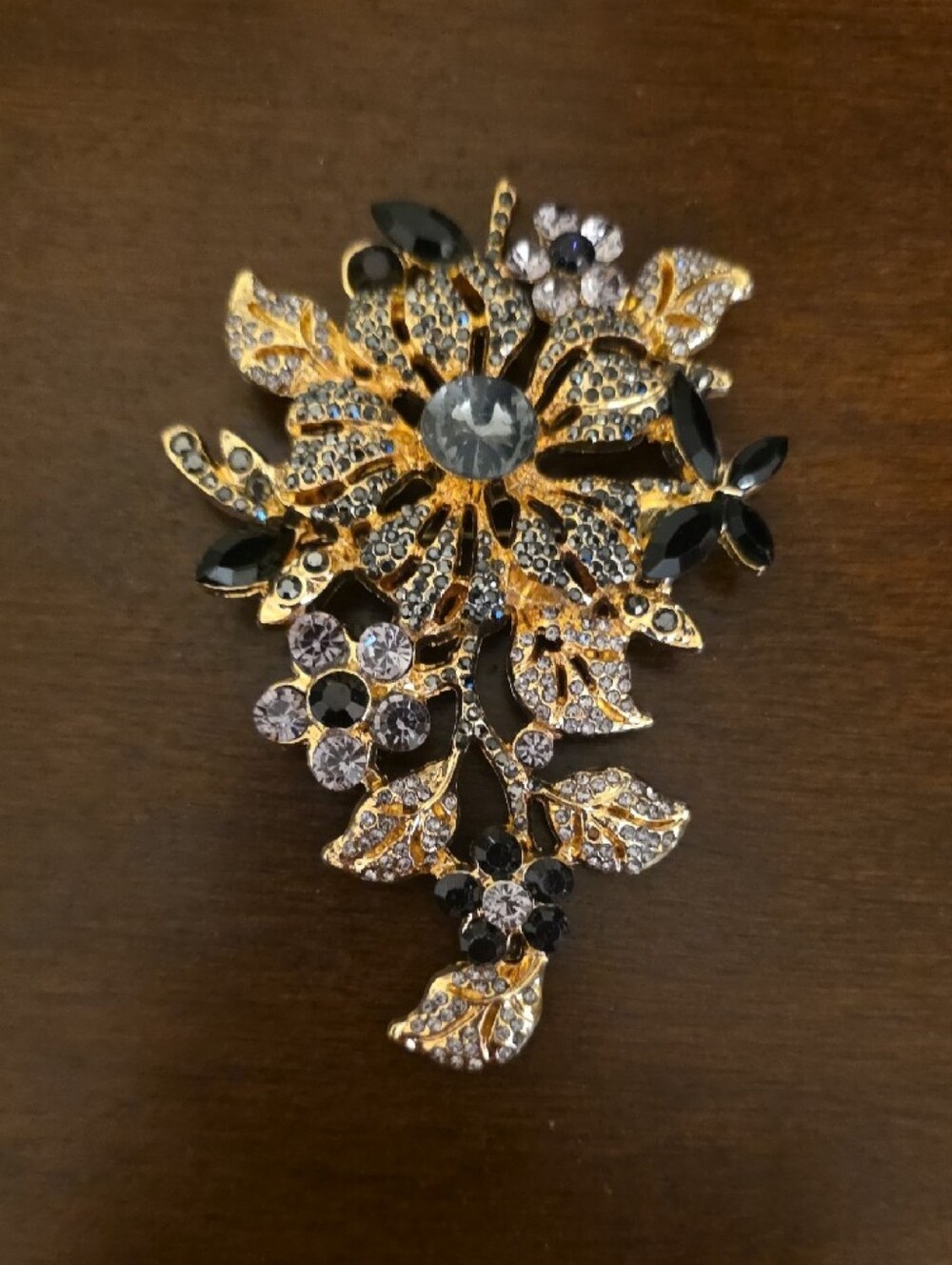 Gold-Tone Black Crystal Floral Brooch - Elegant Women’s Jewelry